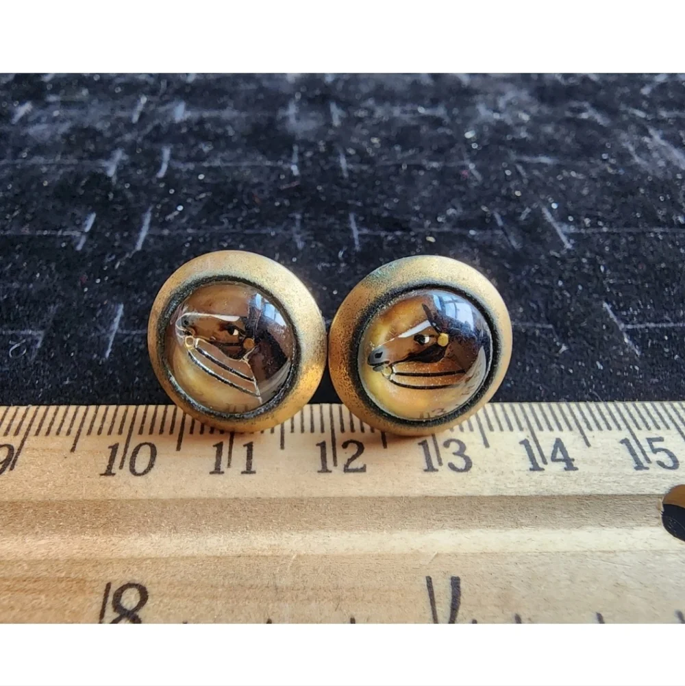 Antique Cufflink Set Gold Tone Handpainted Horses Lucite Used